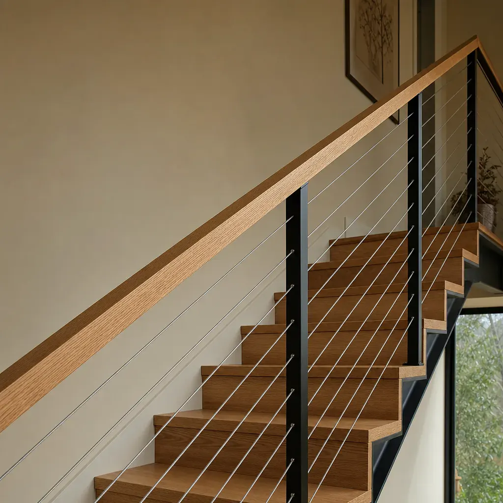 Treppengeländer mit Edelstahlseilen und Holzhandlauf