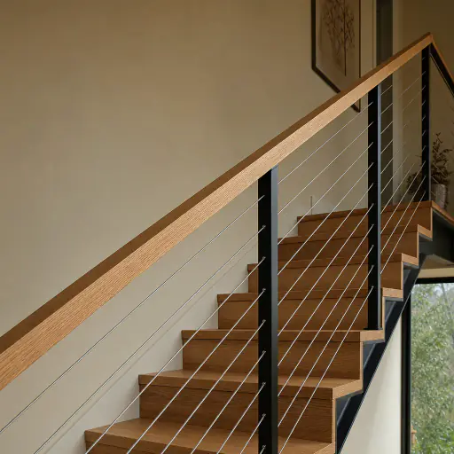 Treppengeländer mit Edelstahlseilen und Holzhandlauf