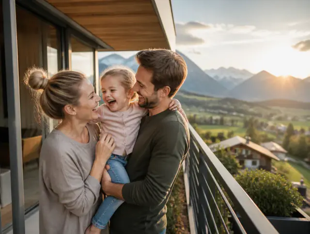 Glückliche Familie mit Kind lacht gemeinsam an einem Balkongeländer modern & Anthrazit