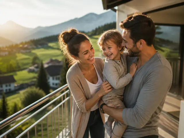 Glückliche Familie mit Kind lacht gemeinsam an einem Edelstahlgeländer für Balkon