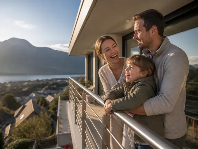 Glückliche Familie mit Kind lacht gemeinsam an einem Edelstahlgeländer V4A