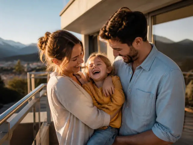 Edelstahlgeländer – glückliche Familie mit Kind Glückliche Familie mit Kind lacht gemeinsam an einem Edelstahlgeländer