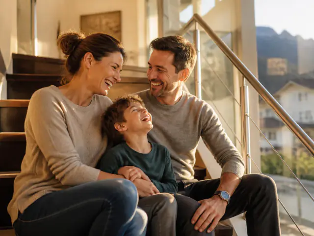 Handlauf barrierefrei – glückliche Familie mit Kind Glückliche Familie mit Kind lacht gemeinsam an einem Handlauf barrierefrei