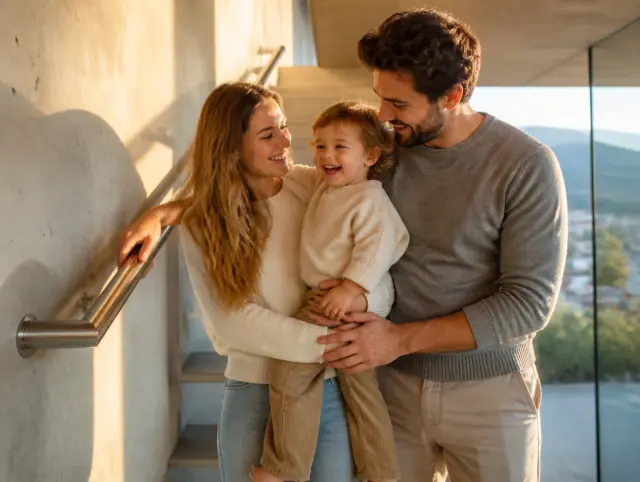 Glückliche Familie mit Kind lacht gemeinsam an einem Handlauf für Treppen