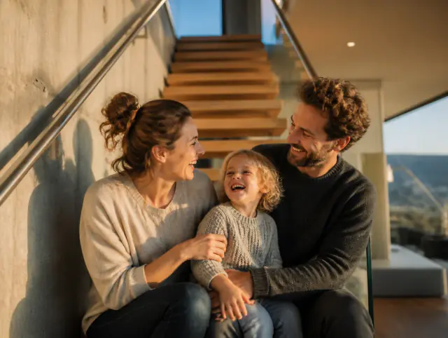 Handlauf Selbstmontage – glückliche Familie mit Kind Glückliche Familie mit Kind lacht gemeinsam an einem Handlauf Selbstmontage