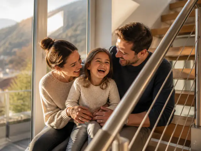 Handlaufhalter & Wandmontage – glückliche Familie mit Kind Glückliche Familie mit Kind lacht gemeinsam an einem Handlaufhalter & Wandmontage