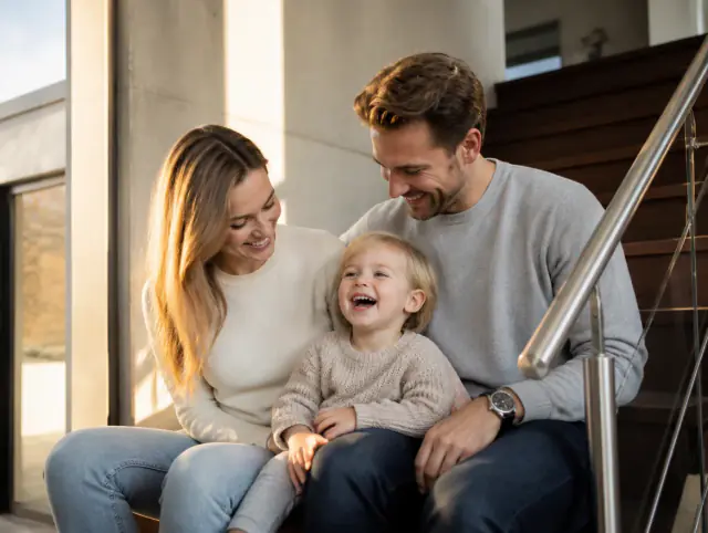 Glückliche Familie mit Kind lacht gemeinsam an einem Handlaufhöhe nach Norm