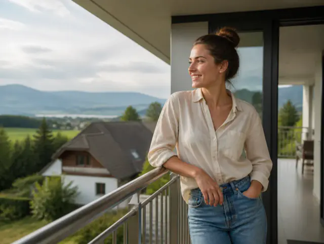 Balkongeländer aus Edelstahl – lächelnde Frau blickt zum Horizont Lächelnde Frau geniesst den Ausblick an einem Balkongeländer aus Edelstahl