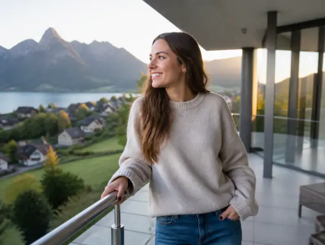 Lächelnde Frau geniesst den Ausblick an einem Edelstahlgeländer V4A