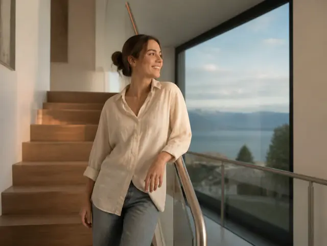 Lächelnde Frau geniesst den Ausblick an einem Handlauf für Treppen