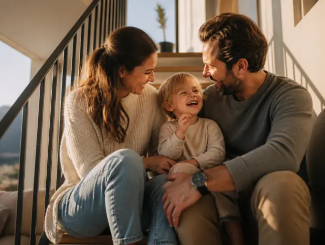 Treppengeländer aus Metall – glückliche Familie mit Kind Glückliche Familie mit Kind lacht gemeinsam an einem Treppengeländer aus Metall