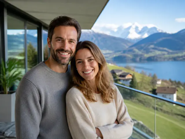 Glückliches Paar geniesst gemeinsam den Moment an einem Glasgeländer für Balkon