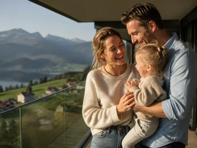 Glückliche Familie mit Kind lacht gemeinsam an einem Glasgeländer für Balkon