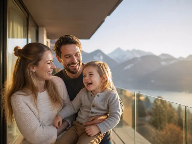 Glückliche Familie mit Kind lacht gemeinsam an einem Glasgeländer für Treppen