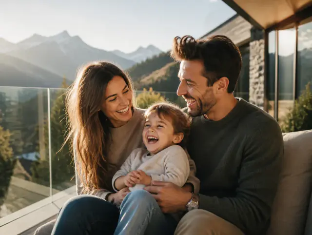 Glückliche Familie mit Kind lacht gemeinsam an einem Glasgeländer Preis pro Meter