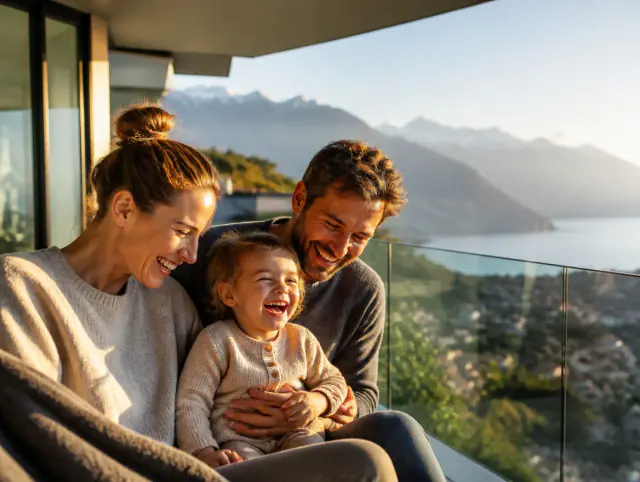 Glasgeländer selber bauen – Bausätze nach Mass – glückliche Familie mit Kind Glückliche Familie mit Kind lacht gemeinsam an einem Glasgeländer selber bauen – Bausätze nach Mass