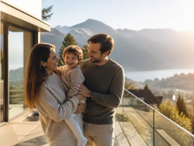 Glasgeländer – glückliche Familie mit Kind Glückliche Familie mit Kind lacht gemeinsam an einem Glasgeländer
