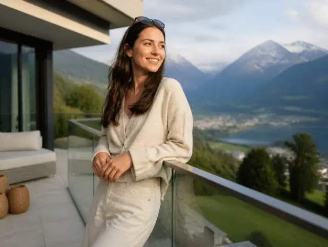 Ganzglasgeländer rahmenlos – lächelnde Frau blickt zum Horizont Lächelnde Frau geniesst den Ausblick an einem Ganzglasgeländer rahmenlos