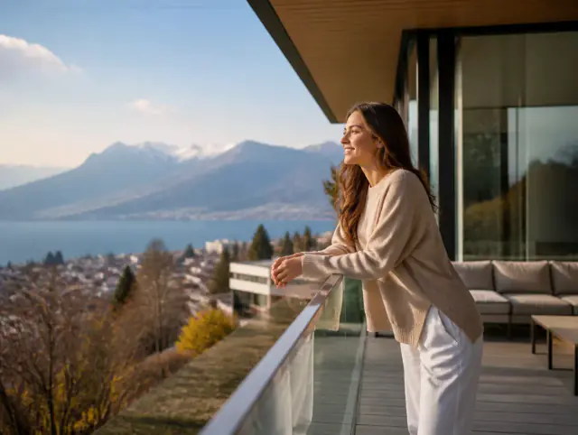 Lächelnde Frau geniesst den Ausblick an einem Glasgeländer mit Handlauf