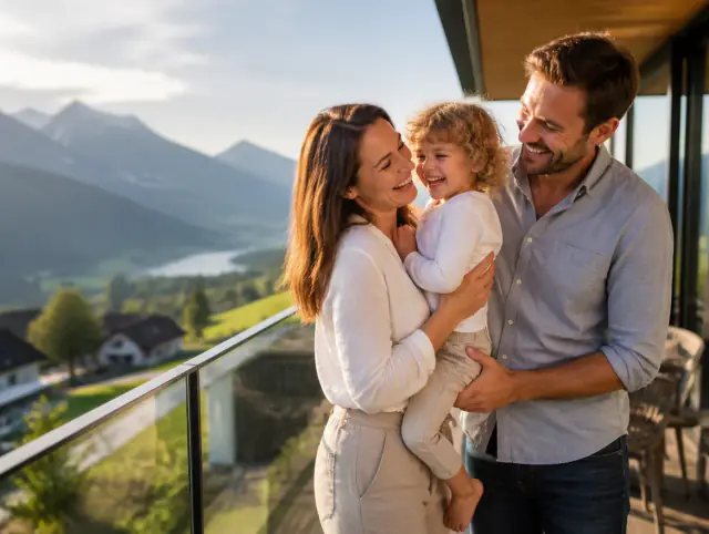 Glückliche Familie mit Kind lacht gemeinsam an einem Balkongeländer blickdicht