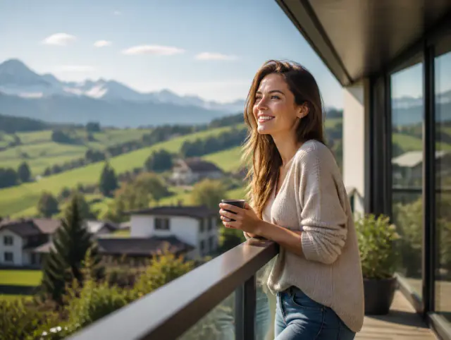 Lächelnde Frau geniesst den Ausblick an einem Balkongeländer blickdicht