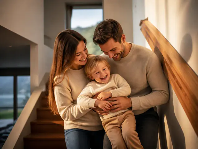 Handlauf Eiche rund – glückliche Familie mit Kind Glückliche Familie mit Kind lacht gemeinsam an einem Handlauf Eiche rund