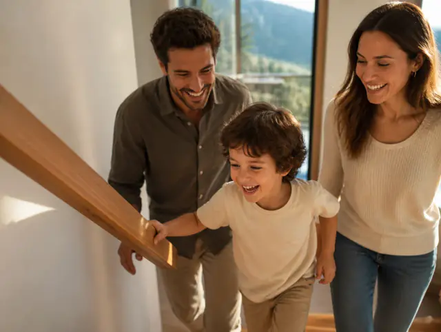 Treppengeländer Bauvorschriften Schweiz – glückliche Familie mit Kind Glückliche Familie mit Kind lacht gemeinsam an einem Treppengeländer Bauvorschriften Schweiz