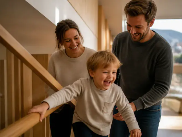 Treppengeländer kaufen – Preise & Kosten – glückliche Familie mit Kind Glückliche Familie mit Kind lacht gemeinsam an einem Treppengeländer kaufen – Preise & Kosten