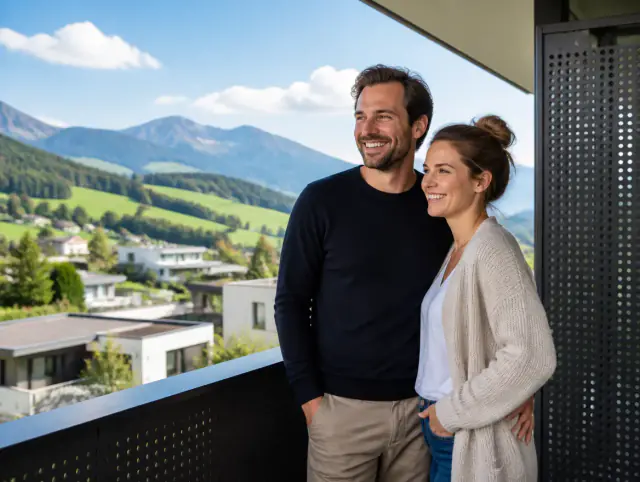 Glückliches Paar geniesst gemeinsam den Moment an einem Balkongeländer mit Lochblech