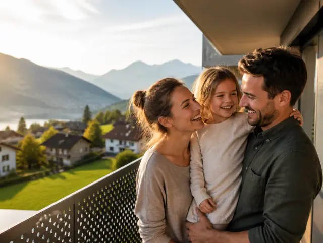 Glückliche Familie mit Kind lacht gemeinsam an einem Balkongeländer mit Lochblech
