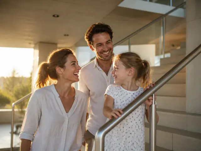 Handlauf für Treppen innen – glückliche Familie mit Kind Glückliche Familie mit Kind lacht gemeinsam an einem Handlauf für Treppen innen