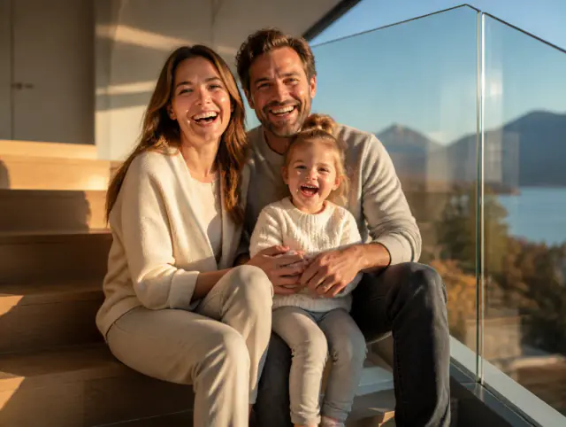 Glasgeländer innen – glückliche Familie mit Kind Glückliche Familie mit Kind lacht gemeinsam an einem Glasgeländer innen