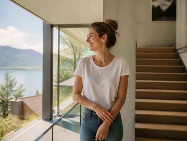 Glasgeländer innen – lächelnde Frau blickt zum Horizont Lächelnde Frau geniesst den Ausblick an einem Glasgeländer innen