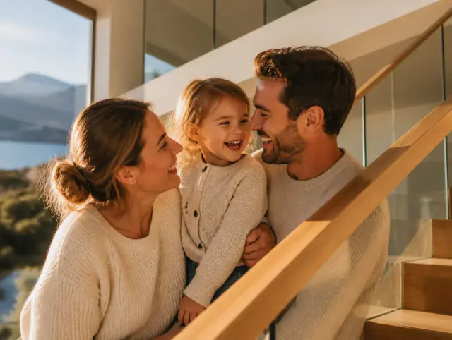 Moderne Treppengeländer innen – glückliche Familie mit Kind Glückliche Familie mit Kind lacht gemeinsam an einem Moderne Treppengeländer innen