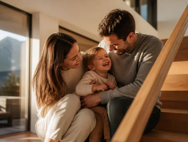 Treppengeländer innen – glückliche Familie mit Kind Glückliche Familie mit Kind lacht gemeinsam an einem Treppengeländer innen