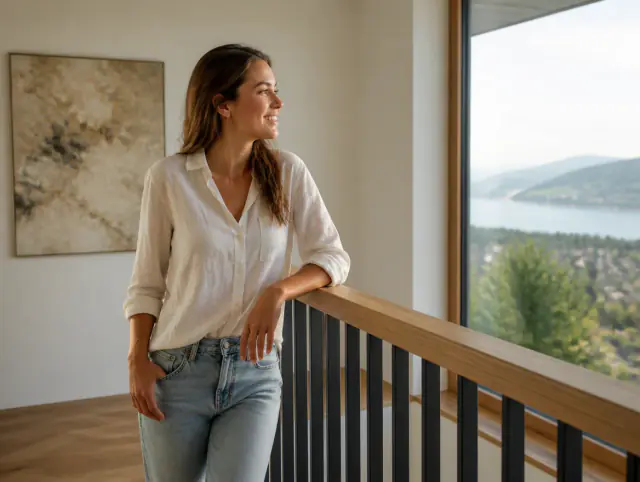 Treppengeländer innen – lächelnde Frau blickt zum Horizont Lächelnde Frau geniesst den Ausblick an einem Treppengeländer innen