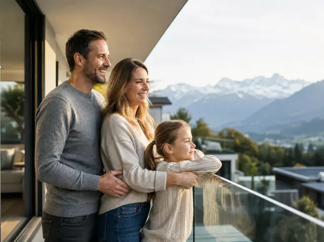 Familie geniesst die Aussicht an einer modernen Balkonbrüstung