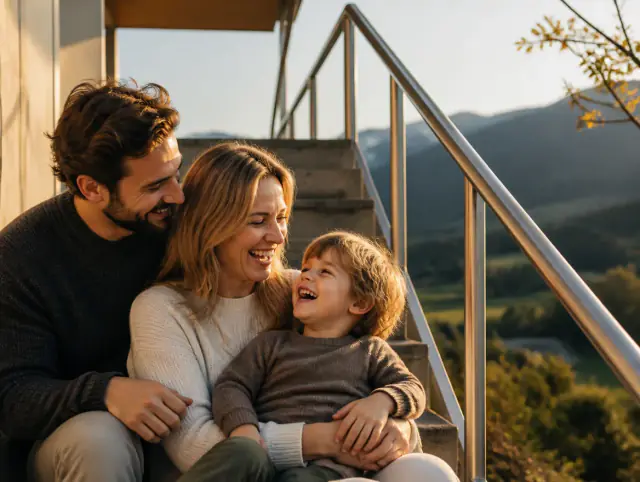 Glückliche Familie mit Kind lacht gemeinsam an einem Handlauf für Aussentreppen