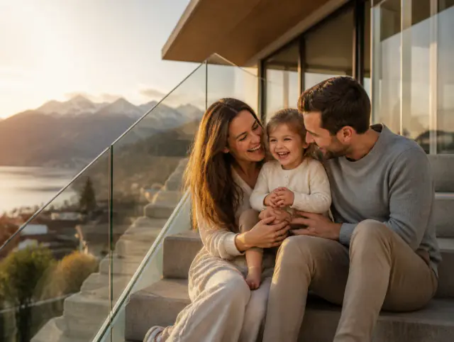 Glückliche Familie mit Kind lacht gemeinsam an einem Glasgeländer aussen