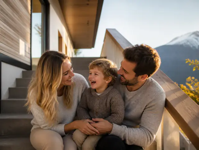 Treppengeländer aussen – glückliche Familie mit Kind Glückliche Familie mit Kind lacht gemeinsam an einem Treppengeländer aussen