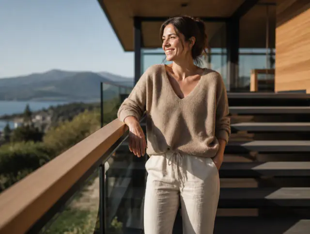 Treppengeländer aussen – lächelnde Frau blickt zum Horizont Lächelnde Frau geniesst den Ausblick an einem Treppengeländer aussen
