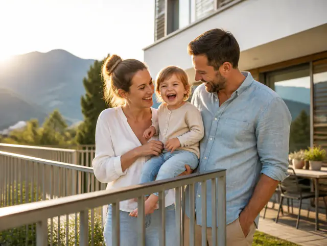 Glückliche Familie mit Kind lacht gemeinsam an einem Terrassengeländer aus Aluminium