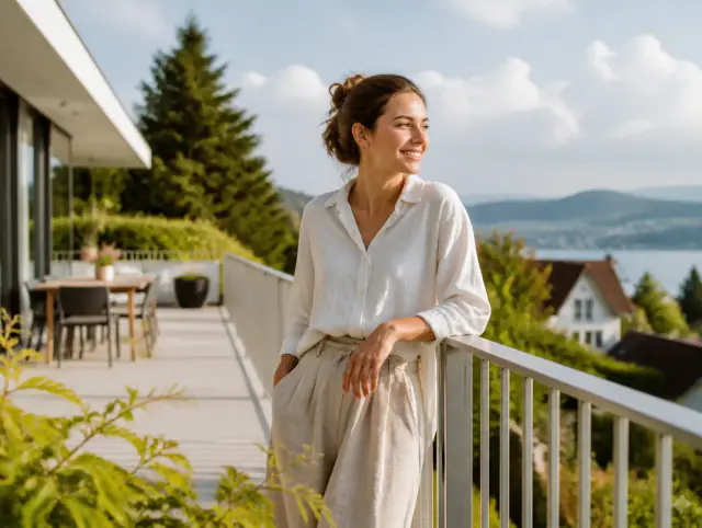 Lächelnde Frau geniesst den Ausblick an einem Terrassengeländer aus Aluminium