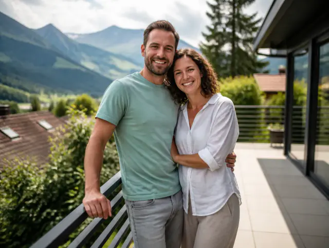 Glückliches Paar geniesst gemeinsam den Moment an einem Terrassengeländer modern & Anthrazit