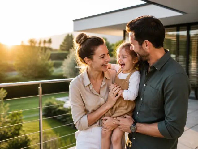 Glückliche Familie mit Kind lacht gemeinsam an einem Terrassengeländer aus Edelstahl