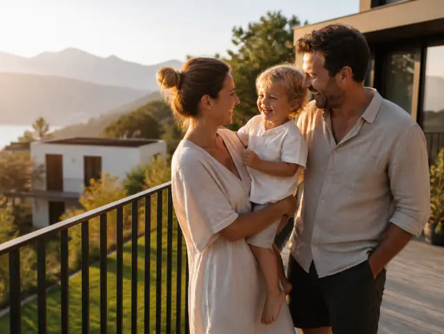 Glückliche Familie mit Kind lacht gemeinsam an einem Terrassengeländer aus Metall