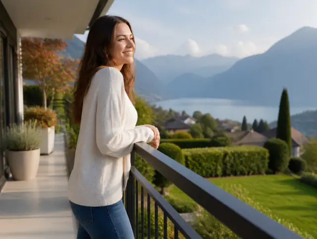 Lächelnde Frau geniesst den Ausblick an einem Terrassengeländer aus Metall