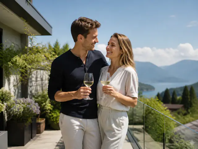 Glückliches Paar geniesst gemeinsam den Moment an einem Terrassengeländer aus Glas