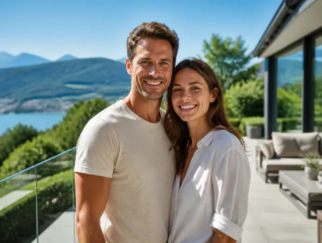 Glückliches Paar geniesst gemeinsam den Moment an einem Terrassengeländer Höhe & Vorschriften Schweiz