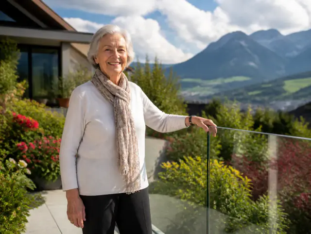 Ältere Person nutzt sicher und selbstbewusst an einem Terrassengeländer Höhe & Vorschriften Schweiz